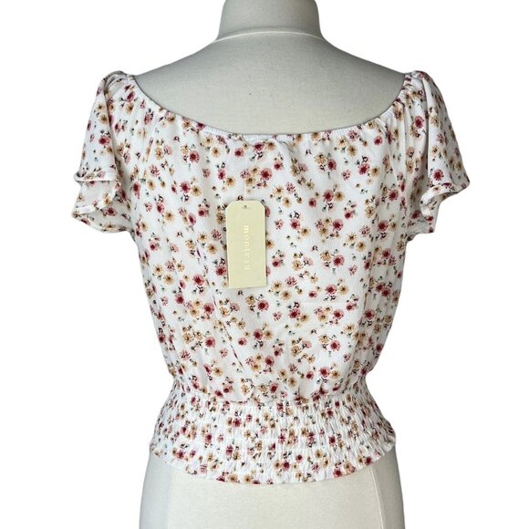 Monteau Button Front Top Womens XL Cream Pink Sweetheart Neck Floral - Picture 2 of 8